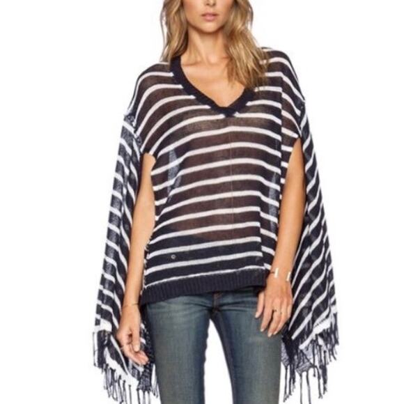 525 America Linen Striped Fringe Trim Poncho Sweater Navy Blue White XS / S - Picture 1 of 15